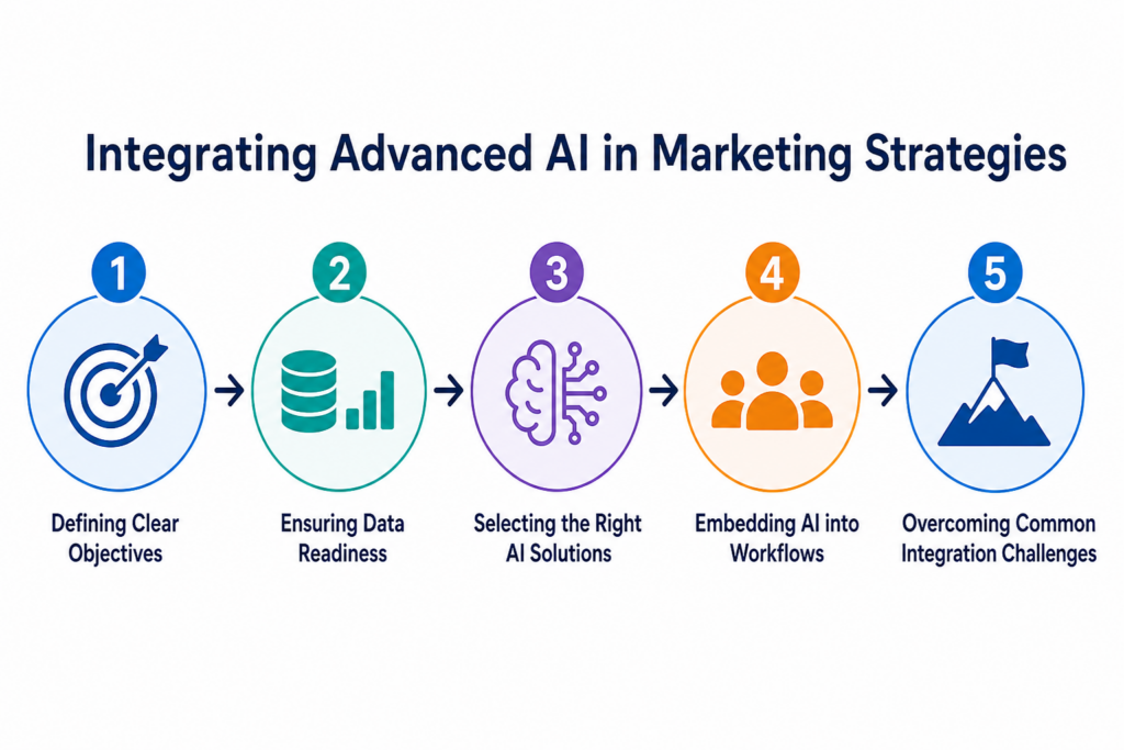 Workflow diagram illustrating the steps in “Integrating Advanced AI in Marketing Strategies”.